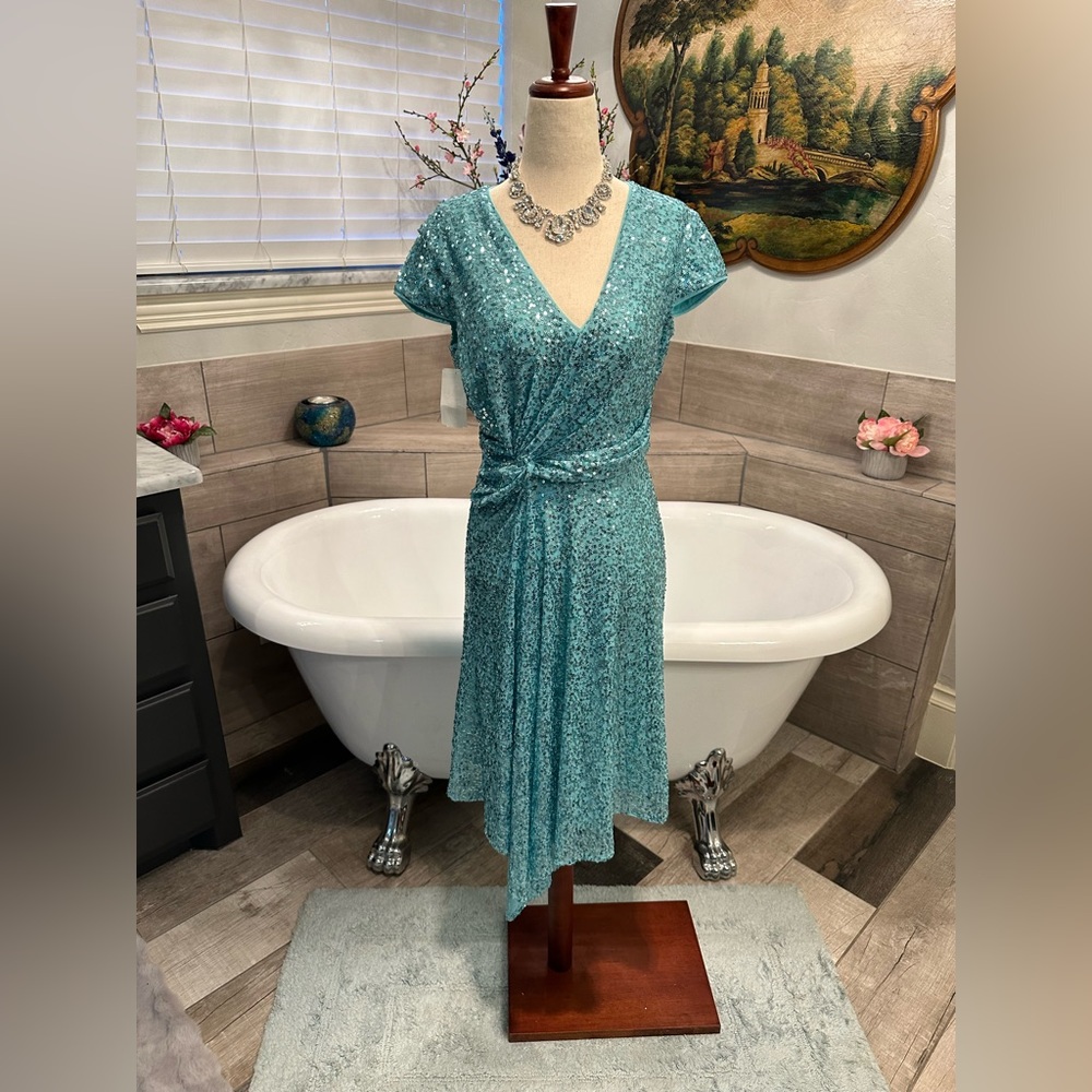 NWT Maggy London Aqua Teal Sequin Asymmetrical Spring Fling Dress 4 - Picture 9 of 12